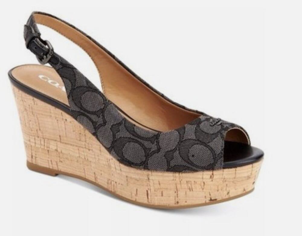 Coach Ferry Signature Black Smoke Cork Wedges. NEW. Size 6. Women's.